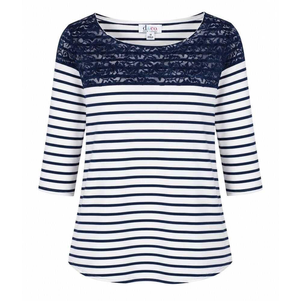 Denim Co Striped Blouse Womens Plus Size 1X Lace Yoke Top 3/4 Sleeve Nautical